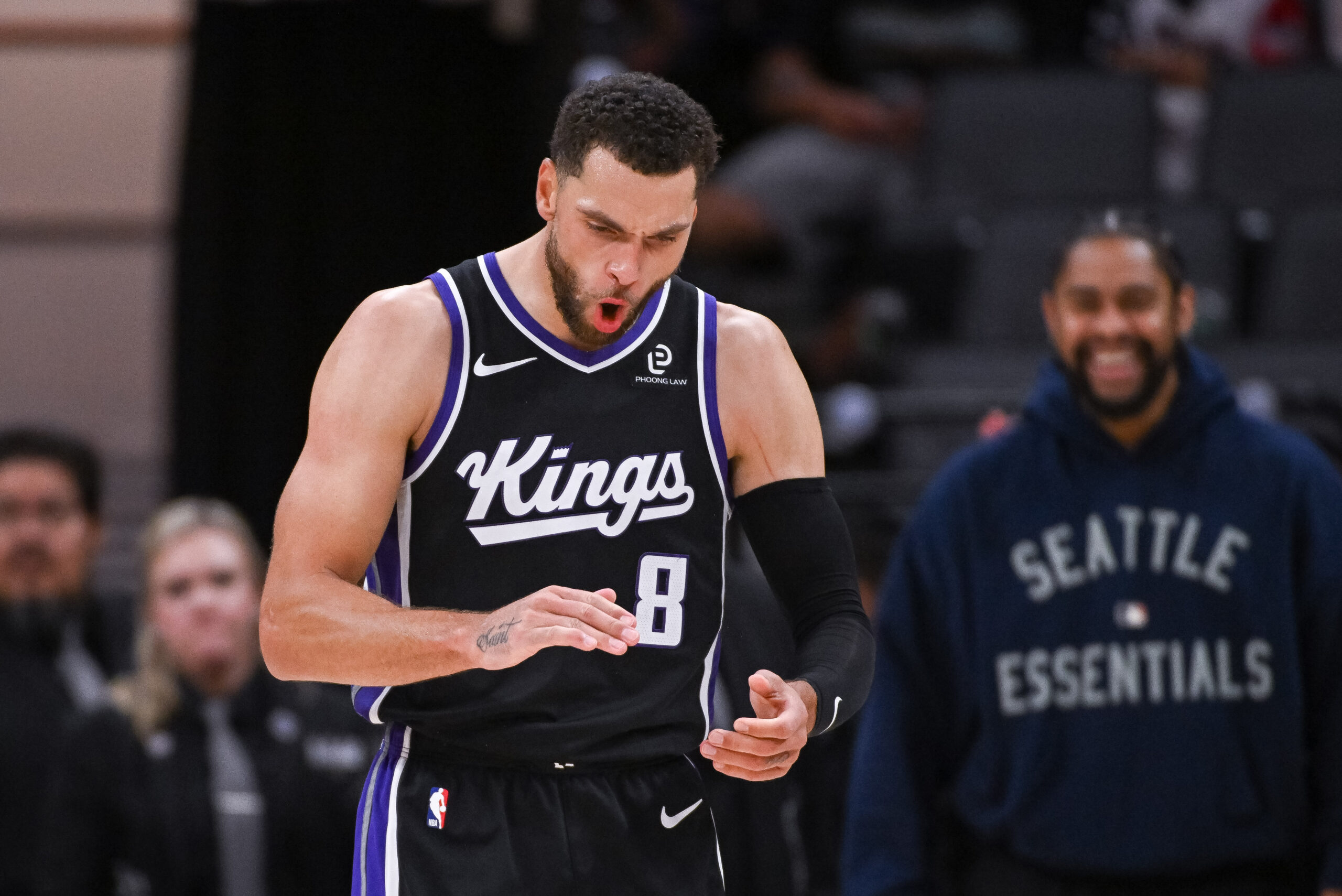 Oct 26, 2025; Sacramento, California, USA; Sacramento Kings guard Zach Lavine (8) reacts after scoring against the Los Angeles Lakers during the fourth quarter at Golden 1 Center. Mandatory Credit: Ed Szczepanski-Imagn Images