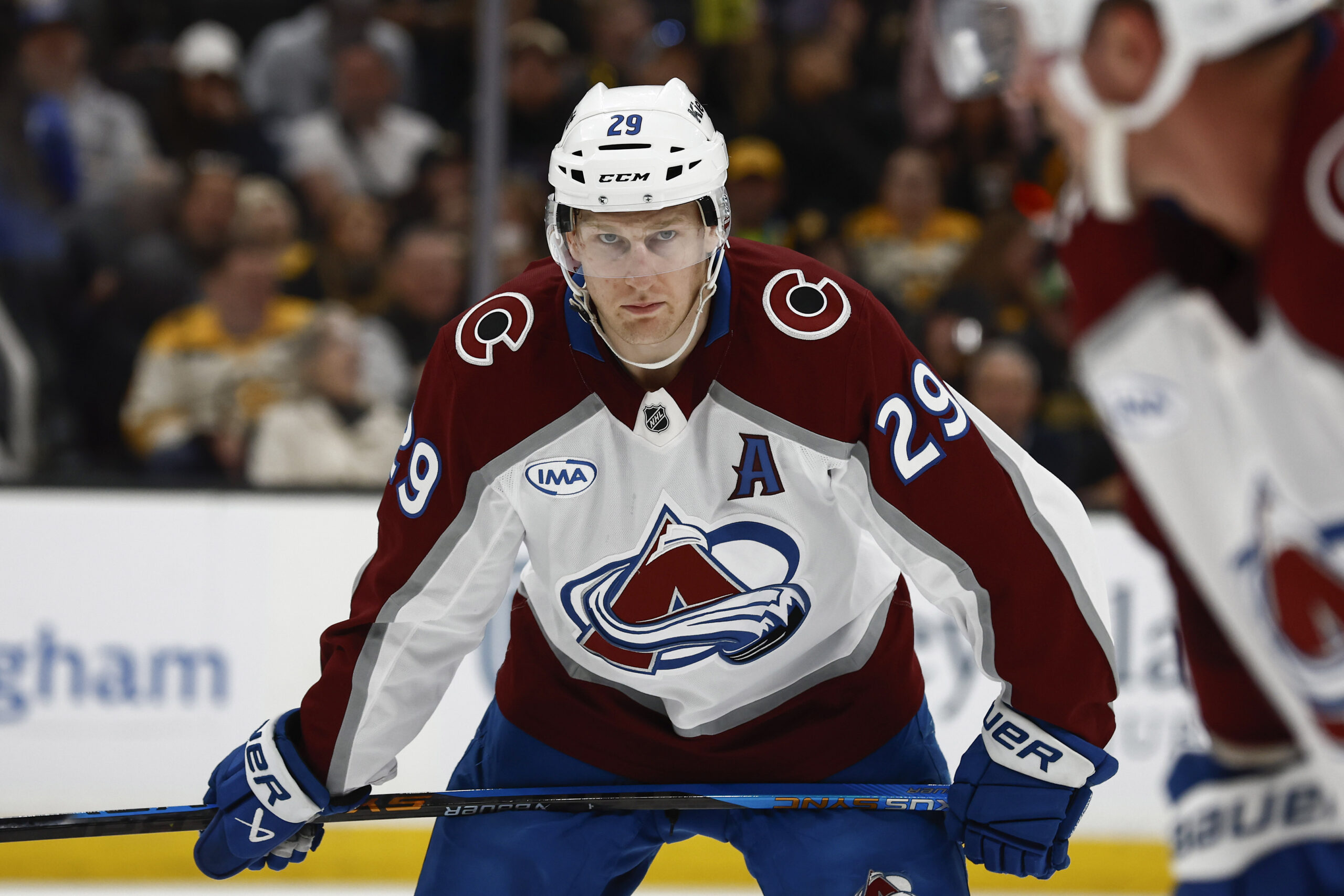 Oct 25, 2025; Boston, Massachusetts, USA; Colorado Avalanche center Nathan MacKinnon (29) during the game against the Boston Bruins at TD Garden. Mandatory Credit: Winslow Townson-Imagn Images