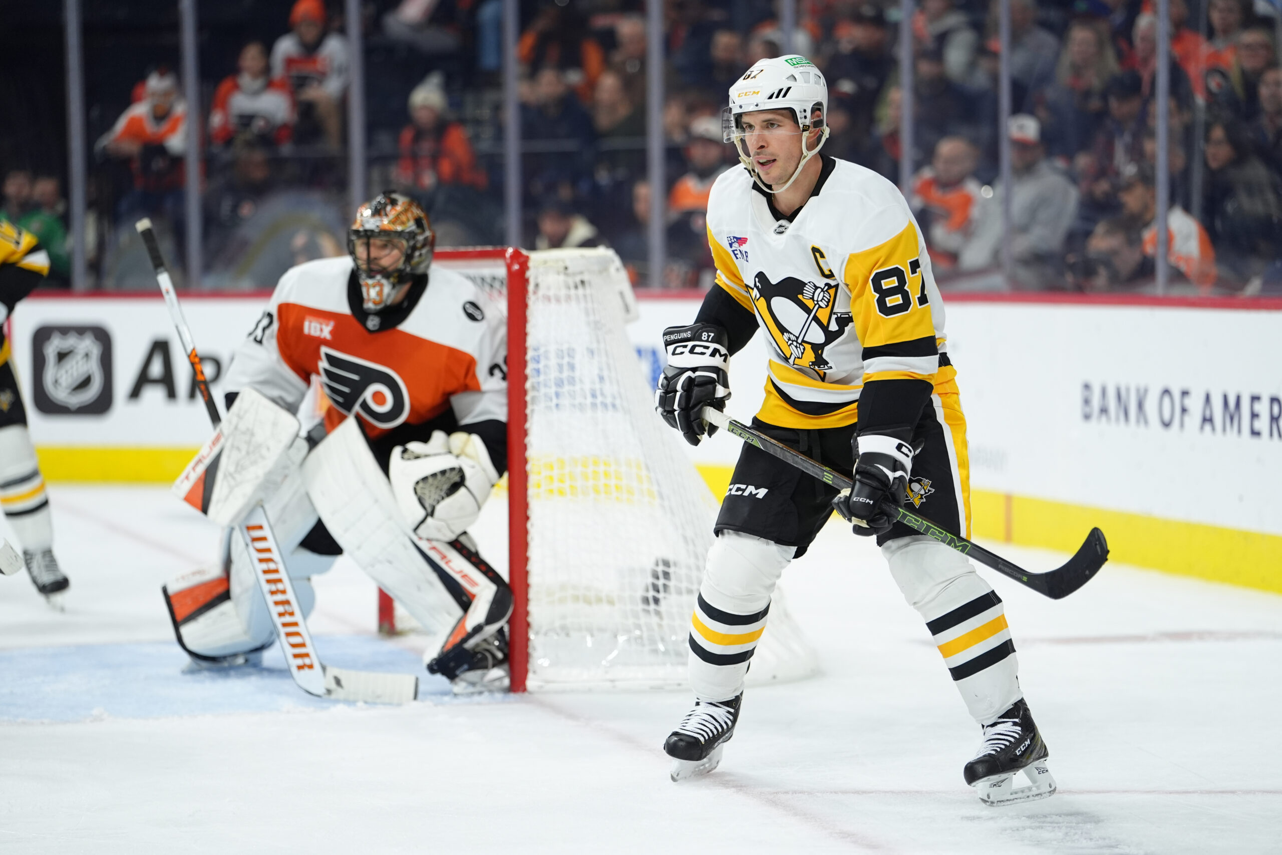 Oct 28, 2025; Philadelphia, Pennsylvania, USA; Pittsburgh Penguins center Sidney Crosby (87) in action against the Philadelphia Flyers in the second period at Xfinity Mobile Arena. Mandatory Credit: Kyle Ross-Imagn Images