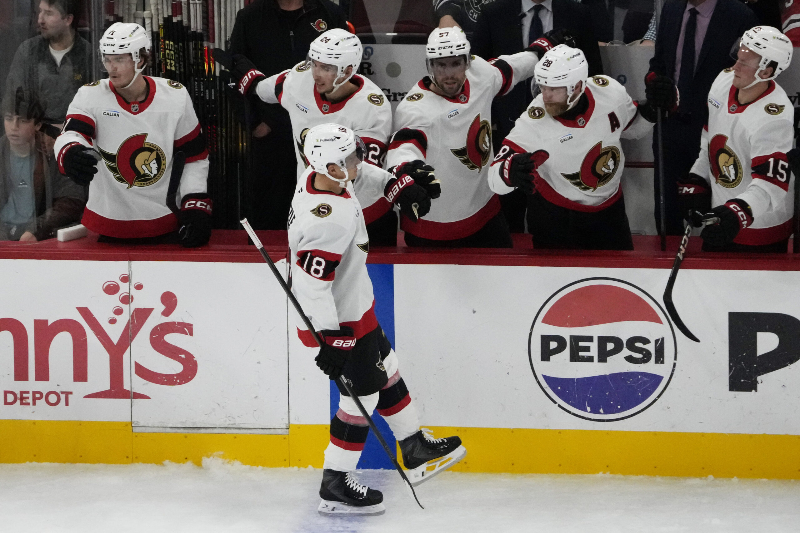 Oct 28, 2025; Chicago, Illinois, USA; Ottawa Senators center Tim Stützle (18) celebrates his goal against the Chicago Blackhawks during the second period at United Center. Mandatory Credit: David Banks-Imagn Images