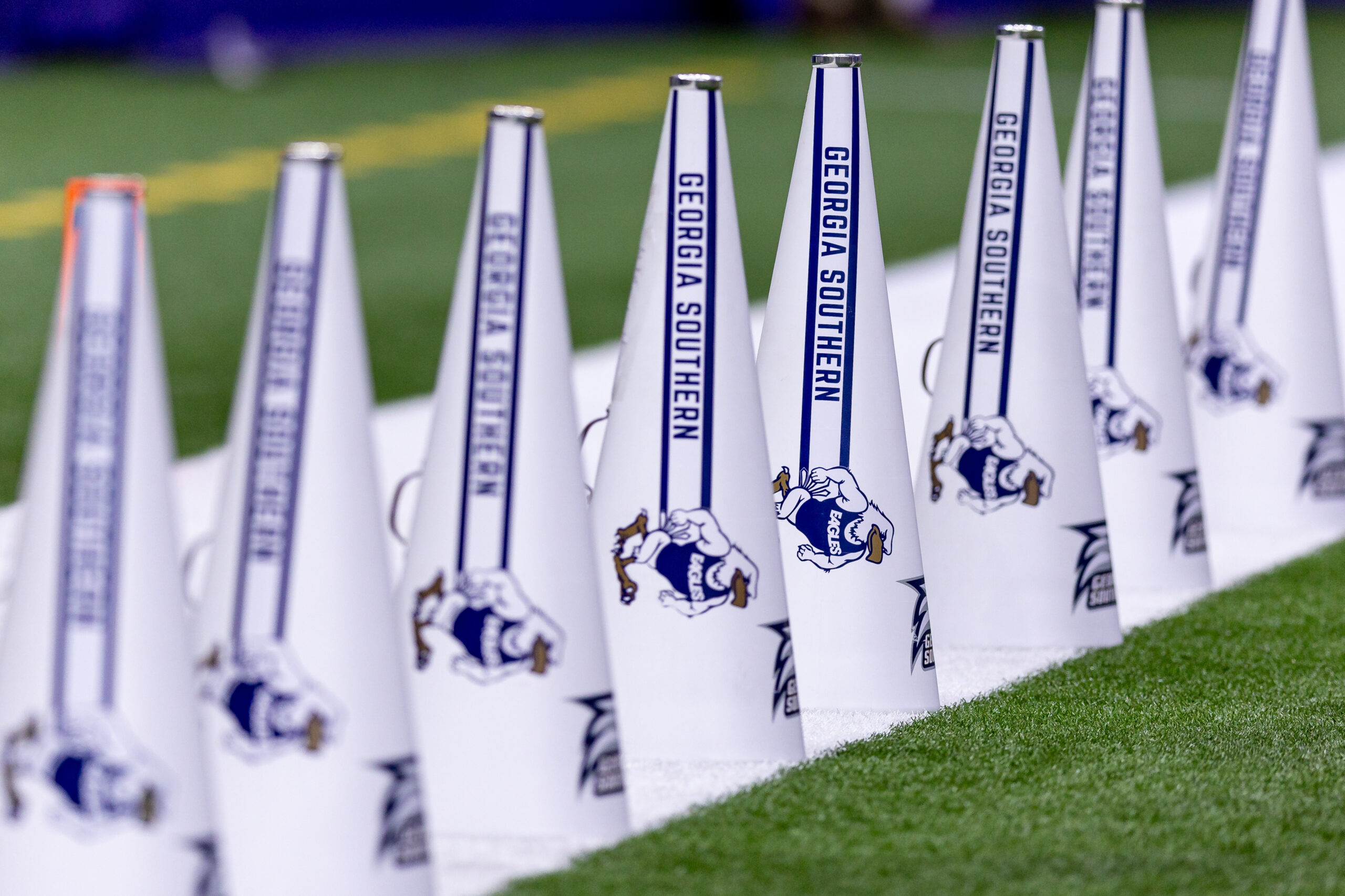 Dec 19, 2024; New Orleans, LA, USA; A general view of Georgia Southern Eagles cheerleaders megaphones during the start of the first half against the Sam Houston State Bearkats at Caesars Superdome. Mandatory Credit: Stephen Lew-Imagn Images