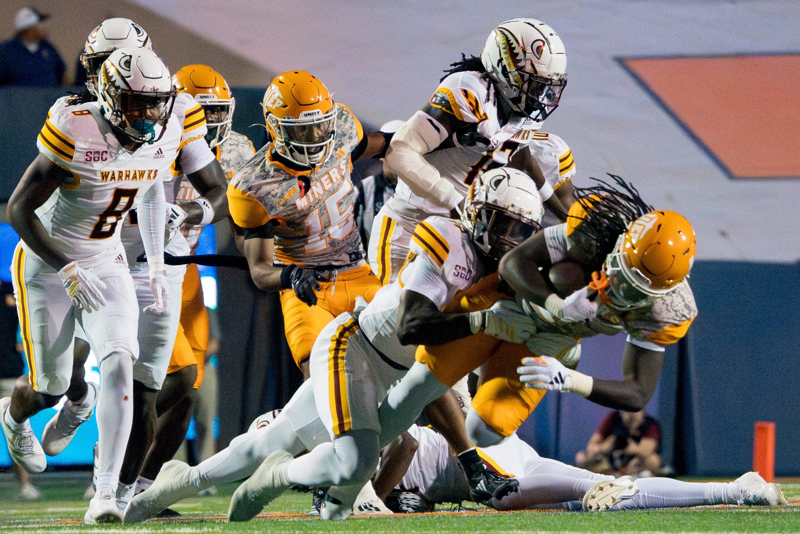 UTEP’s Ashten Emory (1) is tackled during a game against Louisiana-Monroe at the Sun Bowl in El Paso, Texas, on Saturday, Sept. 20, 2025.