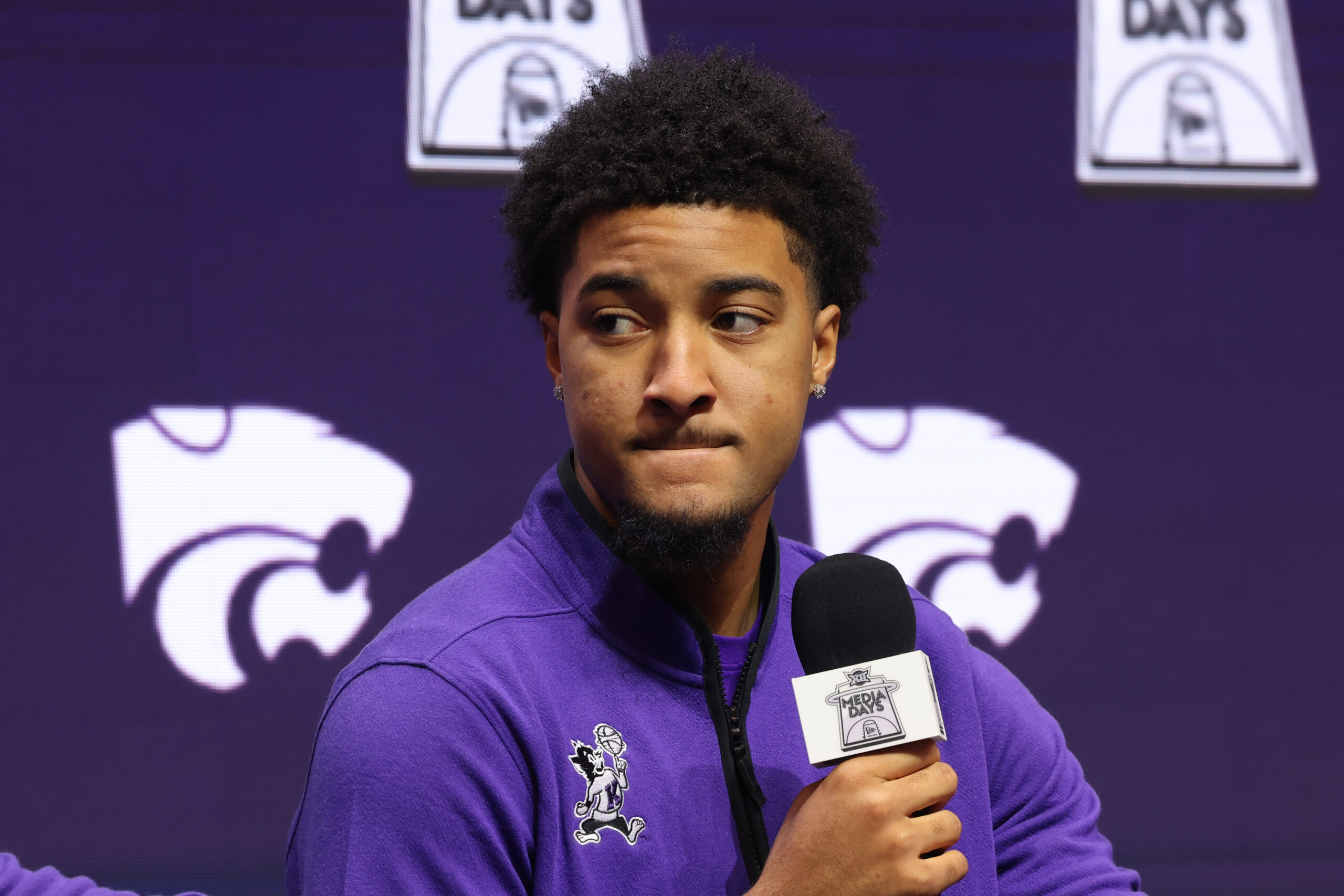 Oct 22, 2025; Kansas City, MO, USA; Kansas Stateís PJ Haggerty speaks to media during Big 12 media day at T-Mobile Center. Mandatory Credit: Sophia Scheller-Imagn Images
