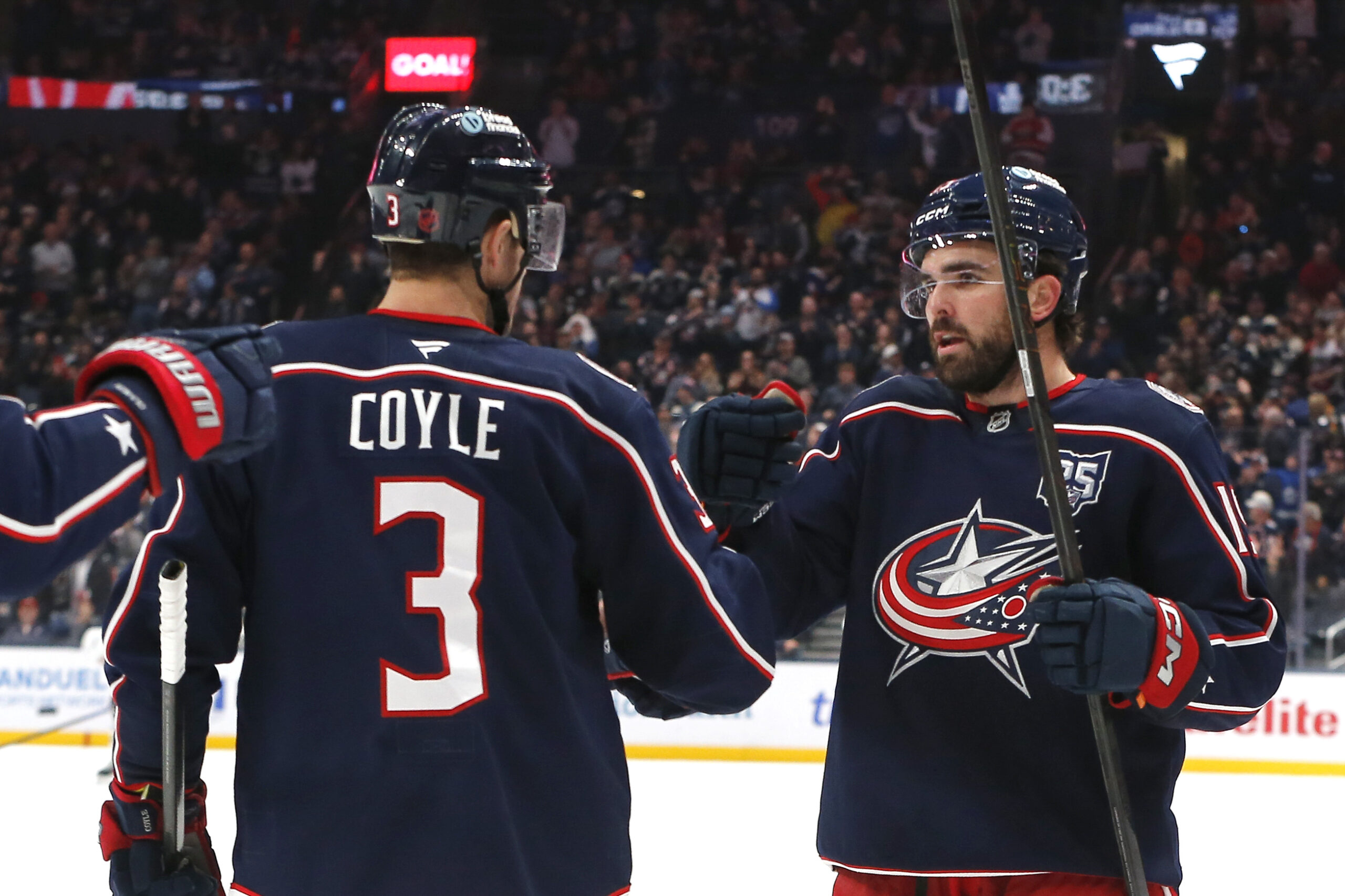 Oct 29, 2025; Columbus, Ohio, USA; Columbus Blue Jackets defenseman Dante Fabbro (15) celebrates his goal against the Toronto Maple Leafs during the second period at Nationwide Arena. Mandatory Credit: Russell LaBounty-Imagn Images