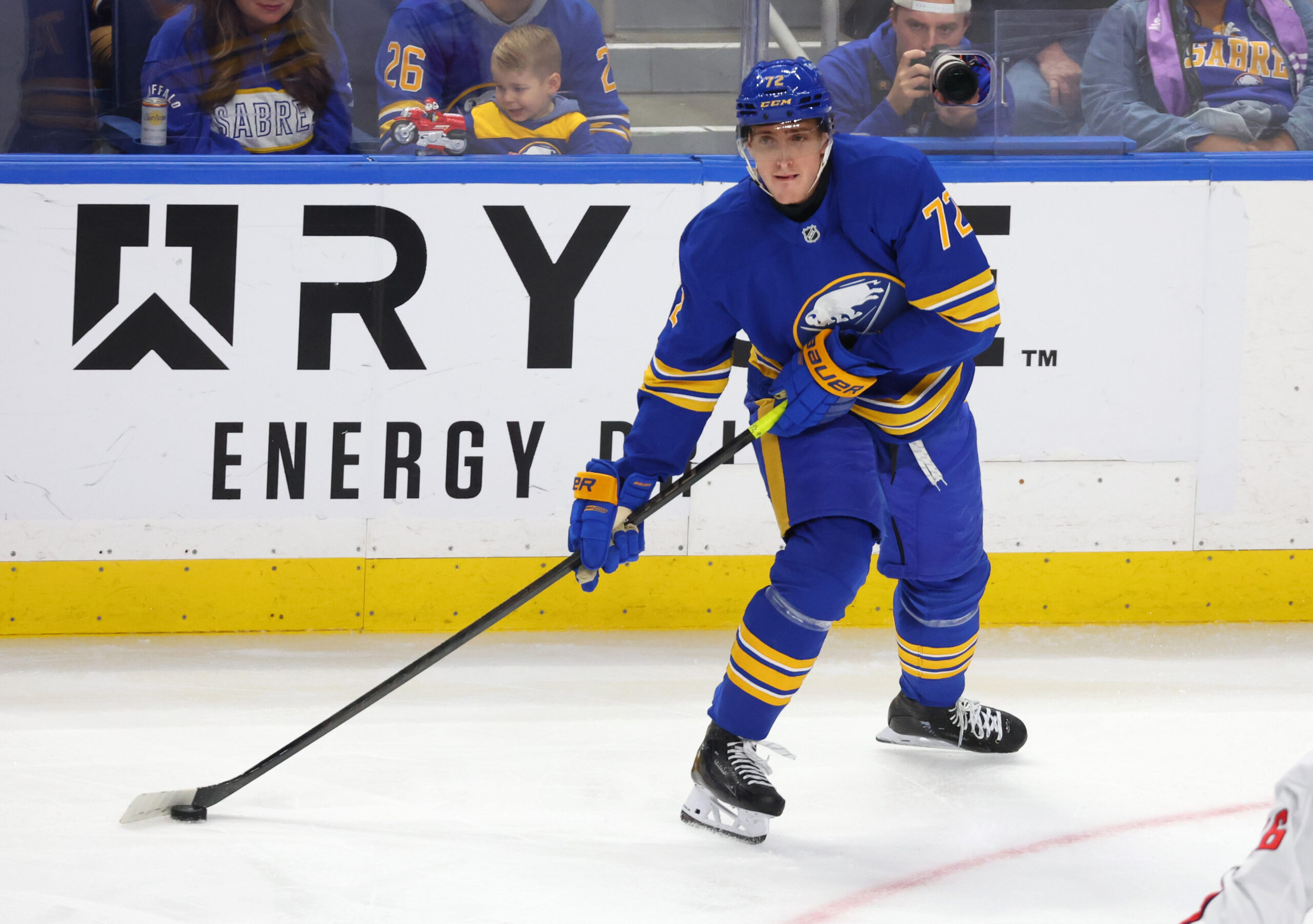 Nov 1, 2025; Buffalo, New York, USA; Buffalo Sabres center Tage Thompson (72) looks to make a pass during the third period against the Washington Capitals at KeyBank Center. Mandatory Credit: Timothy T. Ludwig-Imagn Images