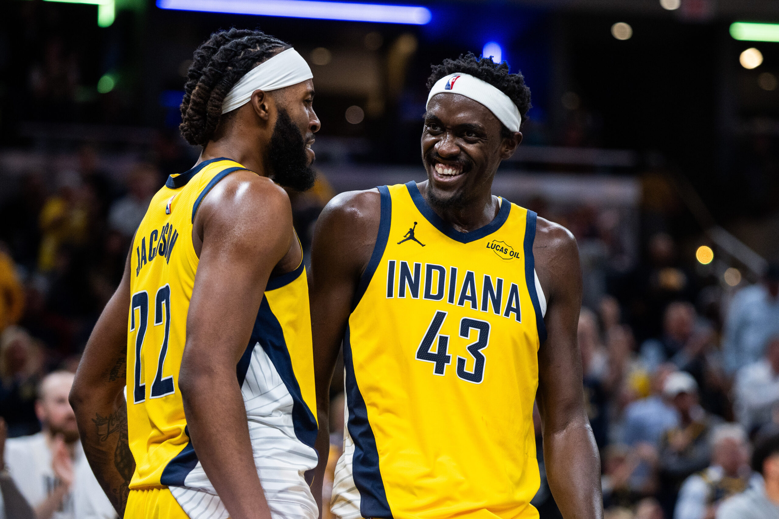 Nov 3, 2025; Indianapolis, Indiana, USA; Indiana Pacers forward Isaiah Jackson (22) celebrates a basket with forward Pascal Siakam (43) in the first half against the Milwaukee Bucks at Gainbridge Fieldhouse. Mandatory Credit: Trevor Ruszkowski-Imagn Images