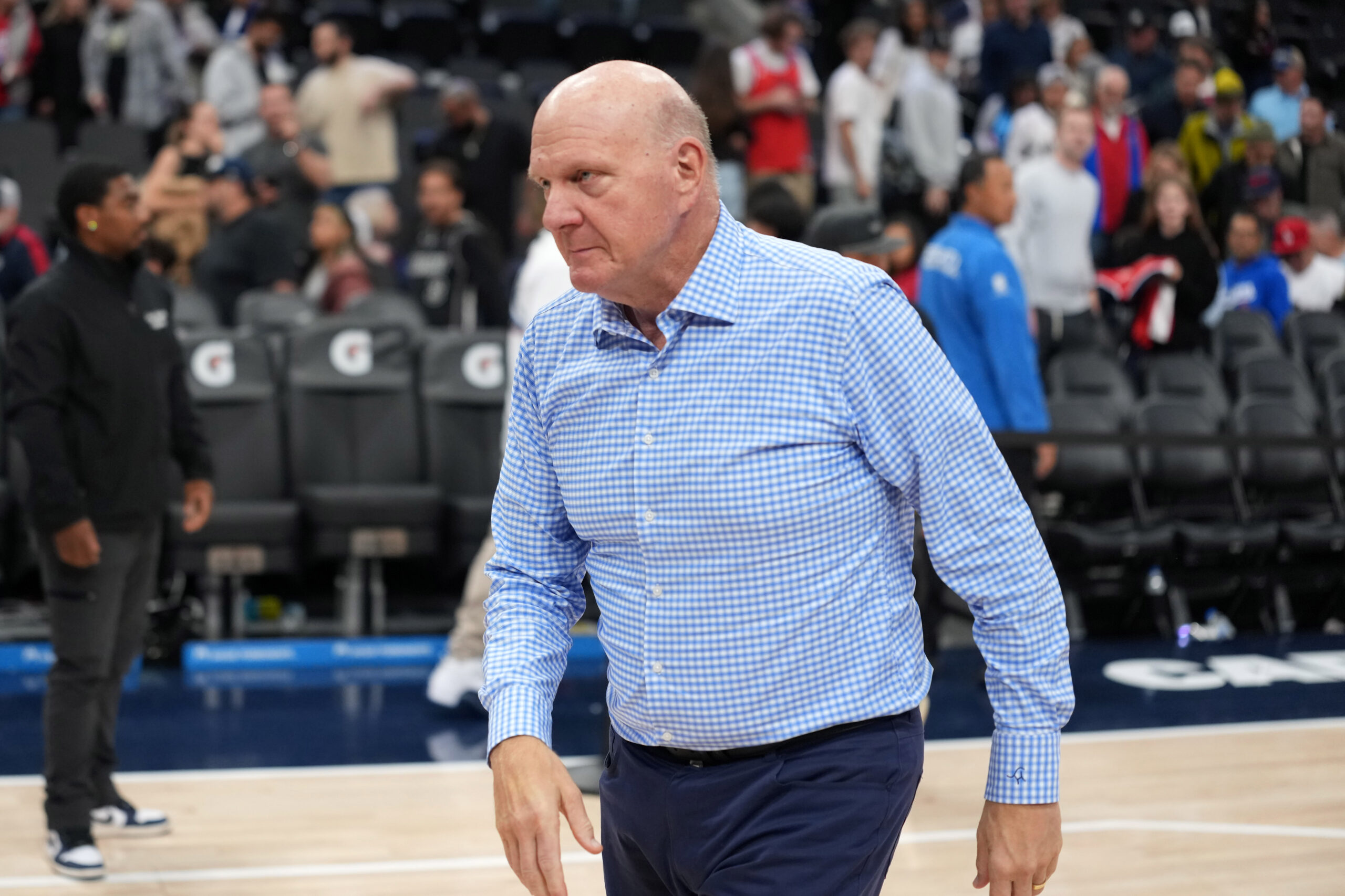 Nov 3, 2025; Inglewood, California, USA; LA Clippers owner Steve Ballmer reacts at the end of the game against the Miami Heat at Intuit Dome. Mandatory Credit: Kirby Lee-Imagn Images