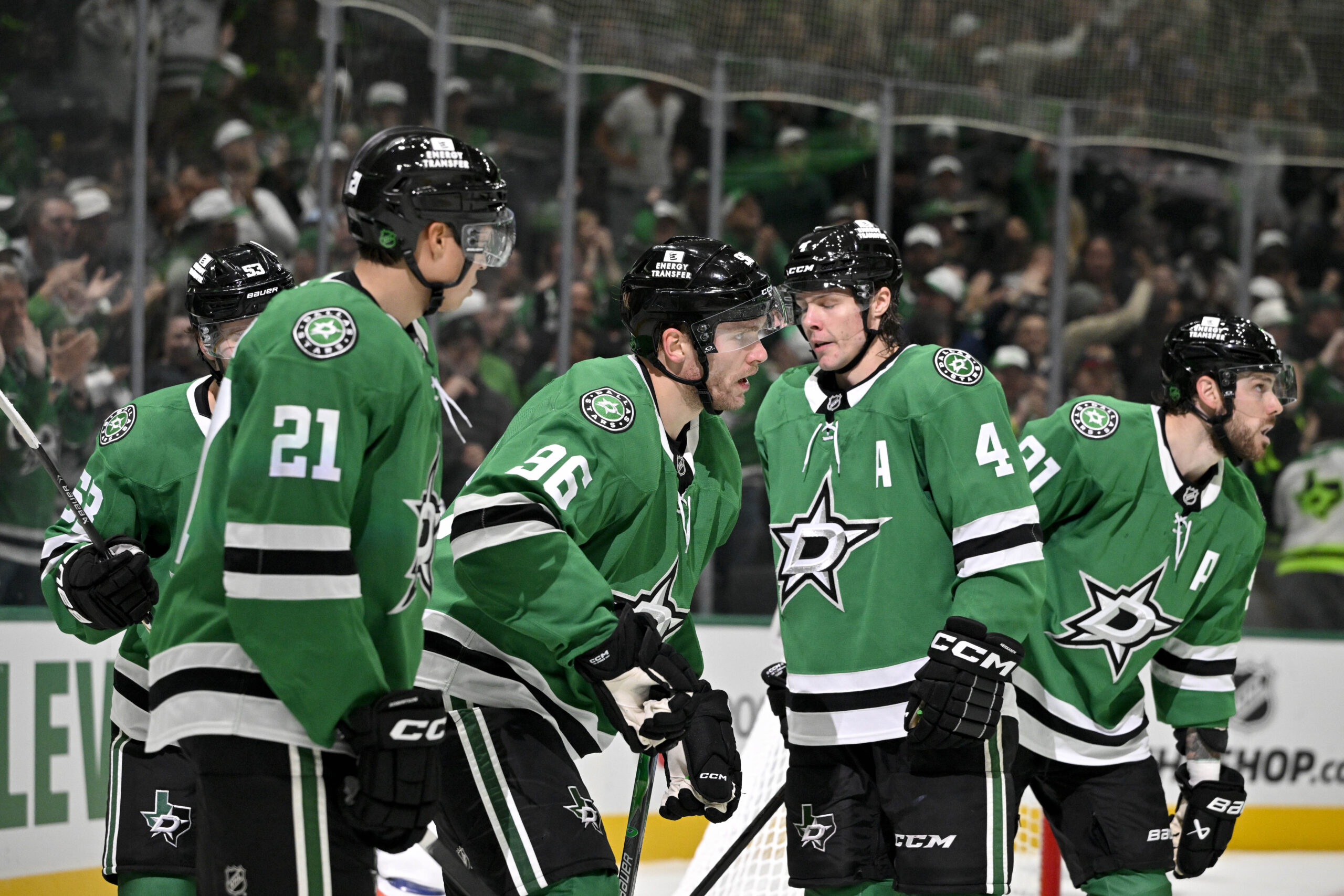 Nov 4, 2025; Dallas, Texas, USA; Dallas Stars center Wyatt Johnston (53) and right wing Mikko Rantanen (96) and left wing Jason Robertson (21) and defenseman Miro Heiskanen (4) and center Tyler Seguin (91) celebrates a goal scored by Rantanen against the Edmonton Oilers during the second period at the American Airlines Center. Rantanen scores his 300th career NHL goal. Mandatory Credit: Jerome Miron-Imagn Images