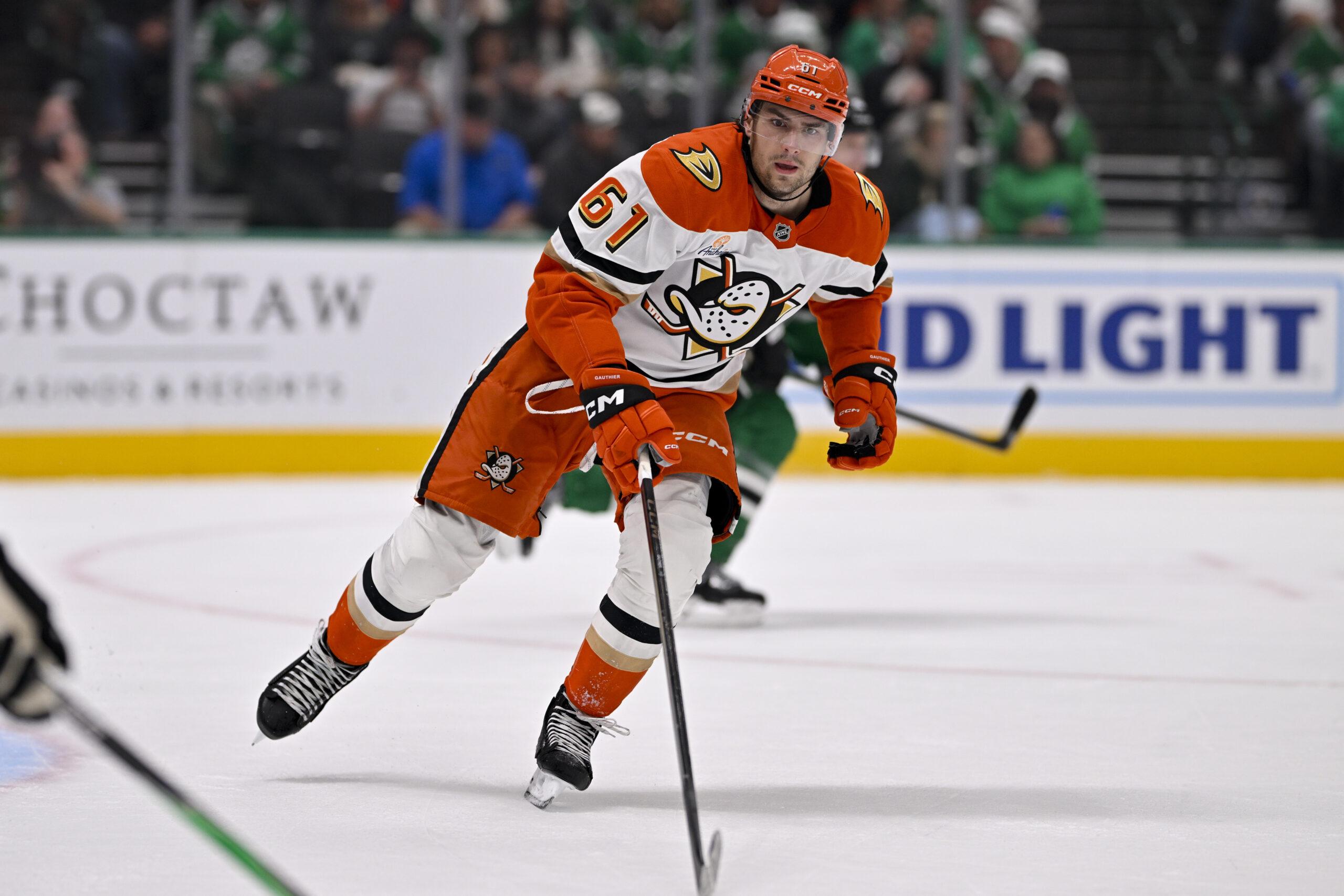 Nov 6, 2025; Dallas, Texas, USA; Anaheim Ducks left wing Cutter Gauthier (61) skates against the Dallas Stars during the third period at the American Airlines Center. Mandatory Credit: Jerome Miron-Imagn Images