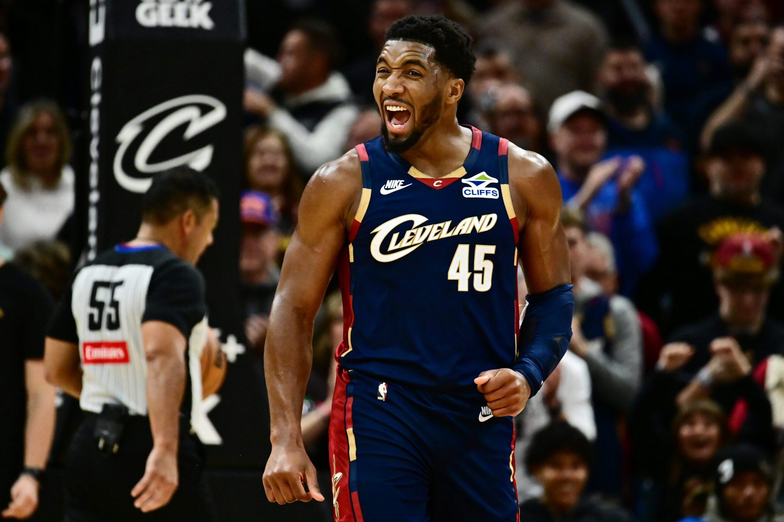 Nov 8, 2025; Cleveland, Ohio, USA; Cleveland Cavaliers guard Donovan Mitchell (45) celebrates during the second half against the Chicago Bulls at Rocket Arena. Mandatory Credit: Ken Blaze-Imagn Images